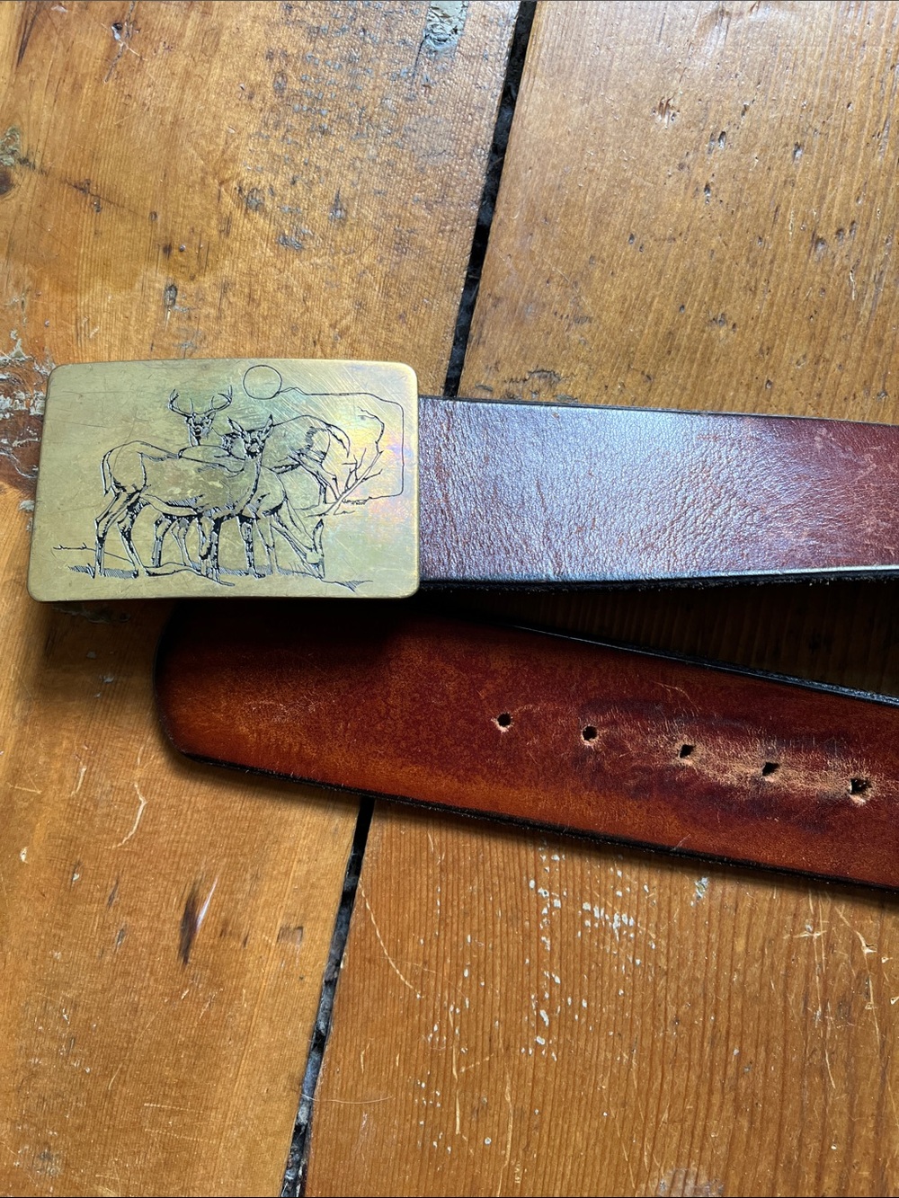 Men's Brown Leather Belt with Brass Deer Buckle